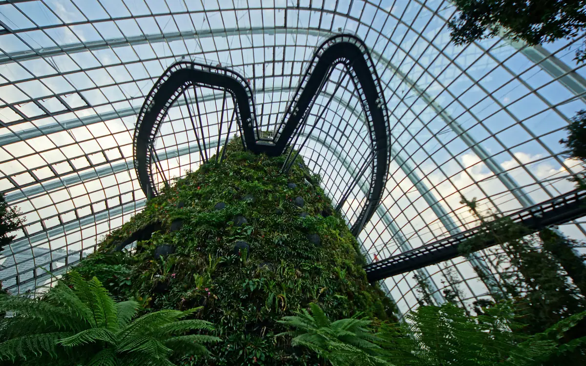 The Cloud Forest at Gardens by the Bay, with a sculpted mountain of plants rising under the glass dome and a curved walkway around it